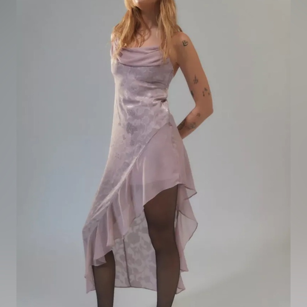 UO Tierra Chiffon Cowl Neck Asymmetrical Midi Dress - Small